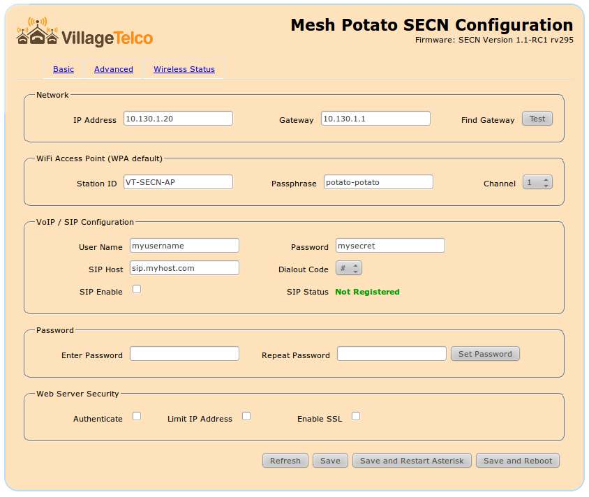 SECN Basic Configuration UI for the Mesh Potato
